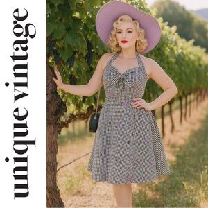 Unique Vintage Black & White Gingham Embroidered Grapes Halter Swing Dress, NWT!